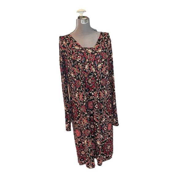 J. Jill Boho Midi Dress Size Medium Long Sleeve Vibrant Red Pink Gold Blue - Picture 2 of 6